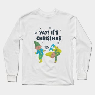 Yay, It's Christmas - Dancing Elves in Blue Snow Long Sleeve T-Shirt